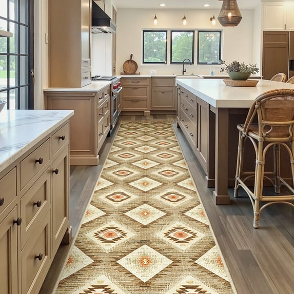 NewBuros 2'x10' Runner Rugs for Hallway, Non-Slip Machine Washable Rugs, Soft Stain Resistant Low Pile Vintage Distressed Print Western Indoor Carpet, Camel