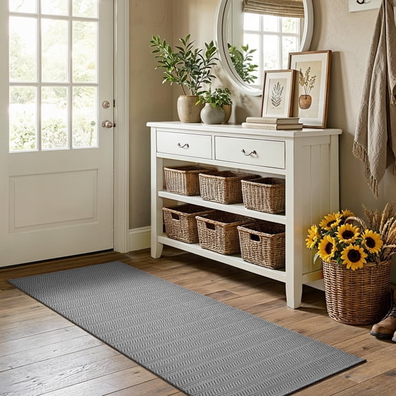 MatEssenz 2x4 ft Faux Linen Accent Rug, Washable Woven Textured Small Area Carpet for Bedside Porch, Slip Resistant Gel Backing Indoor Floor Mat for Bedroom Dorm, Grey