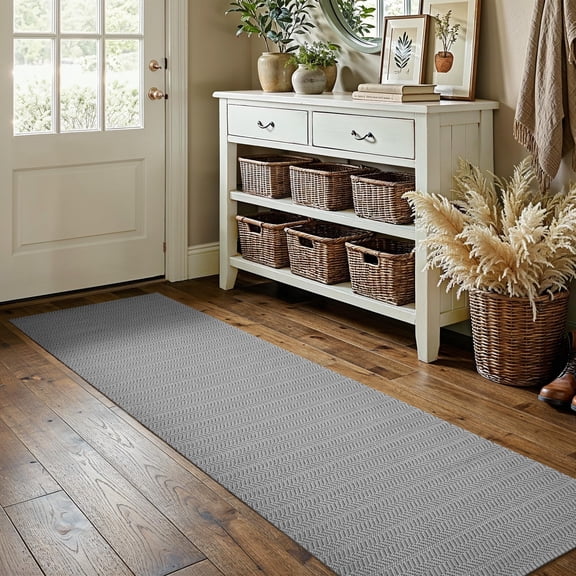 MatEssenz 2'x6' Faux Linen Runner Rug, Washable Woven Textured Long Hallway Carpet, Slip Resistant Gel Backing Indoor Floor Runner for Kitchen Entryway Laundry Room, Grey
