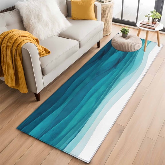 Runner Rugs 2x6 Ft, Aqua Blue Ombre Non Slip Area Rugs for Kitchen Bedroom Entryway, Modern Ocean Waves Abstract Moire Art Washable Carpet Runner Rug Floor Mats for Bedroom Home Decor