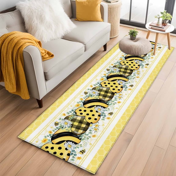 Runner Rugs 2x6 Ft, Bee Daisy Non Slip Area Rugs for Kitchen Bedroom Entryway, Botanical Eucalyptus Leaves Spring Love Yellow Washable Carpet Runner Rug Floor Mats for Bedroom Home Decor