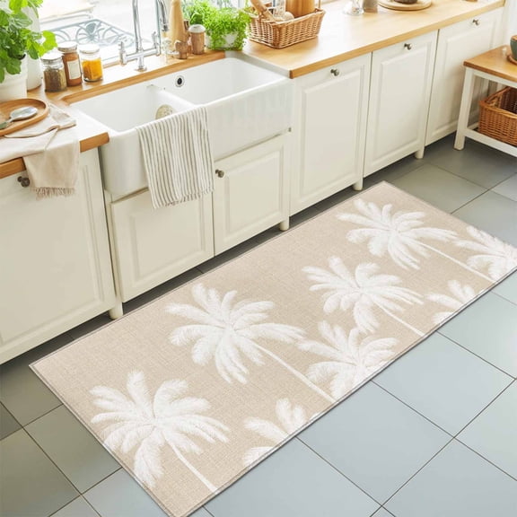 Runner Rugs 2x6 Ft, Beige Palm Trees Non Slip Area Rugs for Kitchen Bedroom Entryway, Farmhouse Tropical Summer Beach Washable Carpet Runner Rug Floor Mats for Bedroom Home Decor
