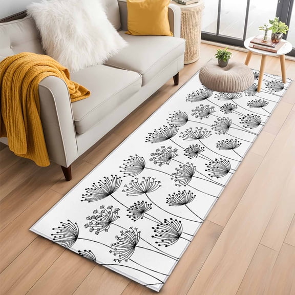 Runner Rugs 2x6 Ft, Black Dandelion Non Slip Area Rugs for Kitchen Bedroom Entryway, Country Modern Minimalist Flower Washable Carpet Runner Rug Floor Mats for Bedroom Home Decor