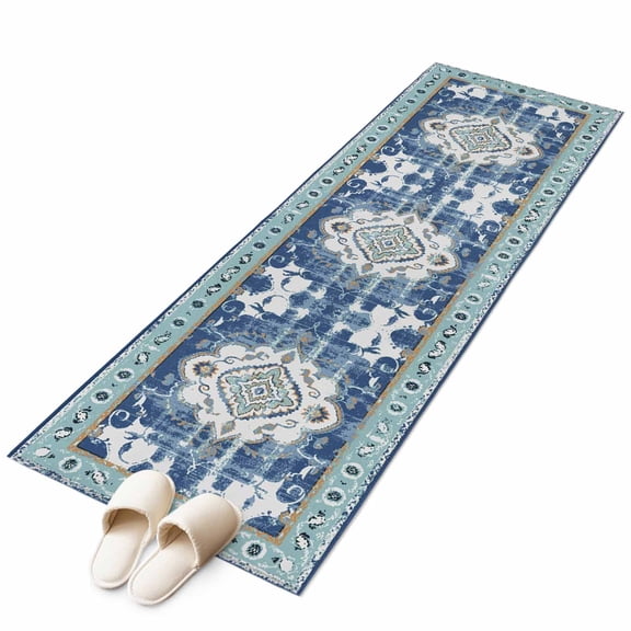 Runner Rugs 2x6 Ft, Blue Boho Non Slip Area Rugs for Kitchen Bedroom Entryway, Farmhouse Bohemian Medallion Oriental Flower Washable Carpet Runner Rug Floor Mats for Bedroom Home Decor