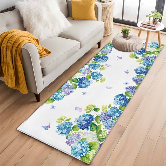 Runner Rugs 2x6 Ft, Blue Hydrangea Non Slip Area Rugs for Kitchen Bedroom Entryway, Farmhouse Butterfly Spring Floral Washable Carpet Runner Rug Floor Mats for Bedroom Home Decor