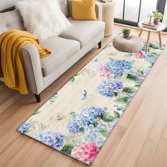 Runner Rugs 2x6 Ft, Blue Hydrangea Non Slip Area Rugs for Kitchen Bedroom Entryway, Pink Flowers Spring Botanical Country Plants Washable Carpet Runner Rug Floor Mats for Bedroom Home Decor
