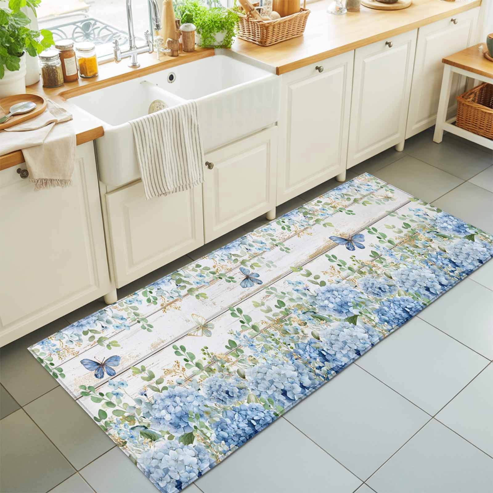 Runner Rugs 2x6 Ft, Blue Hydrangea Non Slip Area Rugs for Kitchen Bedroom Entryway, Spring Summer Eucalyptus Wooden Washable Carpet Runner Rug Floor Mats for Bedroom Home Decor
