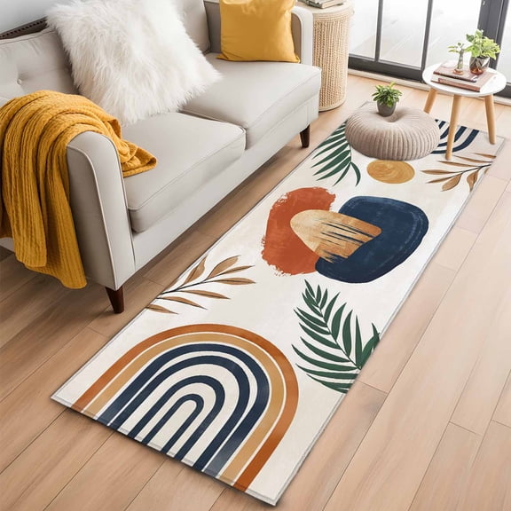 Runner Rugs 2x6 Ft, Boho Non Slip Area Rugs for Kitchen Bedroom Entryway, Bohemia Middle Century Leaves Abstract Minimalist Beige Washable Carpet Runner Rug Floor Mats for Bedroom Home Decor