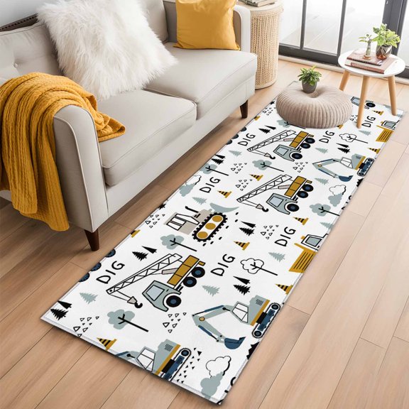Runner Rugs 2x6 Ft, Cartoon Tractor Non Slip Area Rugs for Kitchen Bedroom Entryway, Cute Grey Digger Shovel Truck Washable Carpet Runner Rug Floor Mats for Bedroom Home Decor