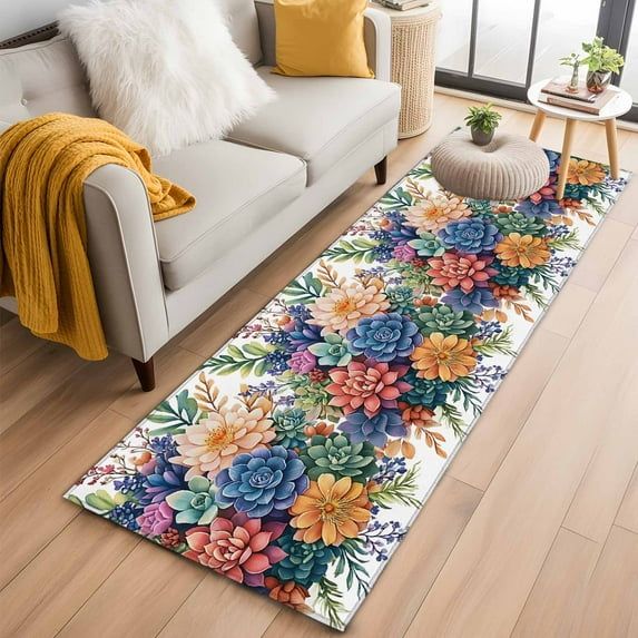 Runner Rugs 2x6 Ft, Colorful Summer Succulents Non Slip Area Rugs for Kitchen Bedroom Entryway, Spring Floral Watercolor Washable Carpet Runner Rug Floor Mats for Bedroom Home Decor
