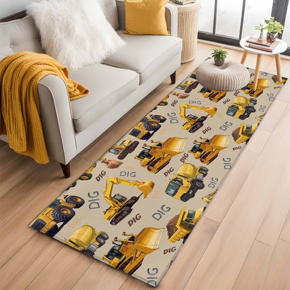 Runner Rugs 2x6 Ft, Construction Truck Non Slip Area Rugs for Kitchen Bedroom Entryway, Cartoon Grips and Bulldozers Beige Washable Carpet Runner Rug Floor Mats for Bedroom Home Decor