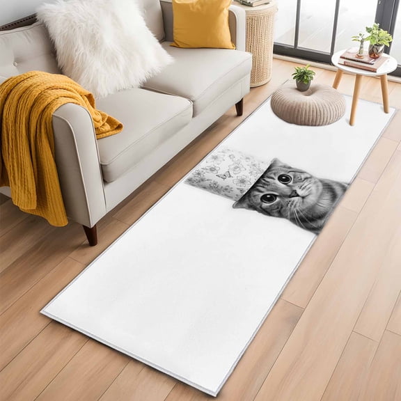 Runner Rugs 2x6 Ft, Cute Cat Non Slip Area Rugs for Kitchen Bedroom Entryway, Funny Animal Toilet Paper Abstract Art Washable Carpet Runner Rug Floor Mats for Bedroom Home Decor