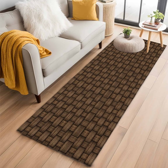 Runner Rugs 2x6 Ft, Dark Brown Rattan Non Slip Area Rugs for Kitchen Bedroom Entryway, Vintage Abstract Wicker Texture Washable Carpet Runner Rug Floor Mats for Bedroom Home Decor