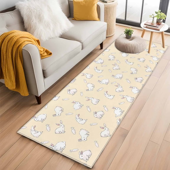 Runner Rugs 2x6 Ft, Easter Bunny Non Slip Area Rugs for Kitchen Bedroom Entryway, Cartoon Carrots Cute Rabbits Sketch Yellow Washable Carpet Runner Rug Floor Mats for Bedroom Home Decor