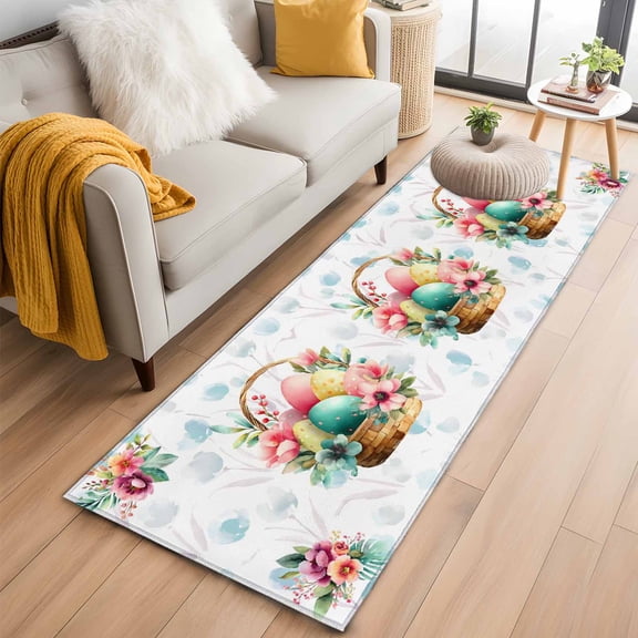 Runner Rugs 2x6 Ft, Easter Eggs Non Slip Area Rugs for Kitchen Bedroom Entryway, Blue Floral Basket Leaves Rustic Botanical Washable Carpet Runner Rug Floor Mats for Bedroom Home Decor