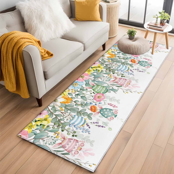 Runner Rugs 2x6 Ft, Easter Eggs Non Slip Area Rugs for Kitchen Bedroom Entryway, Bunny Eucalyptus Leaves Spring Flower Plant Washable Carpet Runner Rug Floor Mats for Bedroom Home Decor