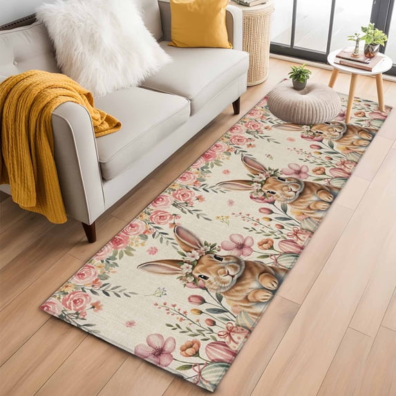 Runner Rugs 2x6 Ft, Easter Non Slip Area Rugs for Kitchen Bedroom Entryway, Rustic Spring Rabbit Eggs Botanical Florals Herbs Washable Carpet Runner Rug Floor Mats for Bedroom Home Decor