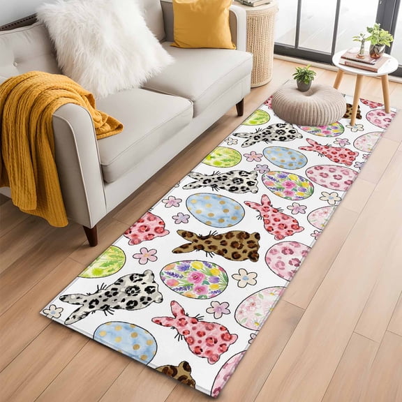 Runner Rugs 2x6 Ft, Easter Non Slip Area Rugs for Kitchen Bedroom Entryway, Spring Leopard Prints Bunny Colorful Eggs Flower Washable Carpet Runner Rug Floor Mats for Bedroom Home Decor
