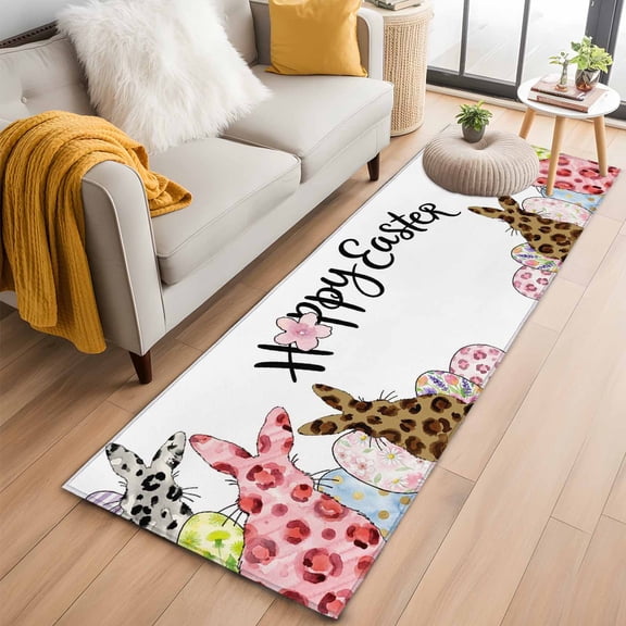 Runner Rugs 2x6 Ft, Easter Non Slip Area Rugs for Kitchen Bedroom Entryway, Spring Watercolor Leopard Prints Bunny Flower Eggs Washable Carpet Runner Rug Floor Mats for Bedroom Home Decor