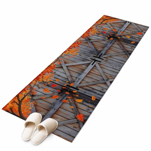 Runner Rugs 2x6 Ft, Fall Leaves Non Slip Area Rugs for Kitchen Bedroom Entryway, Autumn Maple Rustic Wooden Barn Door Washable Carpet Runner Rug Floor Mats for Bedroom Home Decor