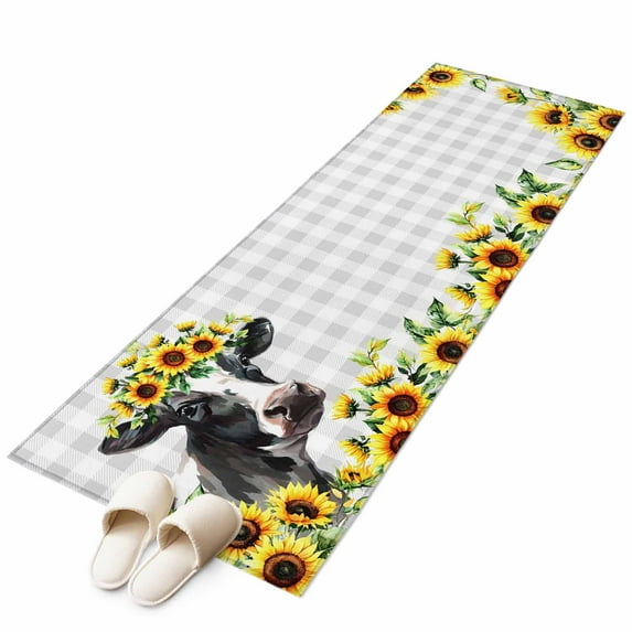 Runner Rugs 2x6 Ft, Farmhouse Cow Non Slip Area Rugs for Kitchen Bedroom Entryway, Pastoral Sunflower Botanical Gray Plaid Washable Carpet Runner Rug Floor Mats for Bedroom Home Decor