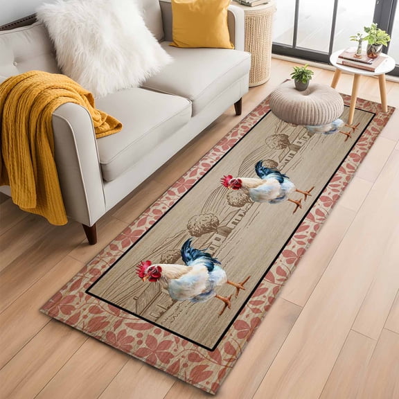 Runner Rugs 2x6 Ft, Farmhouse Roosters Non Slip Area Rugs for Kitchen Bedroom Entryway, Vintage Farm Chicken Pink Leaves Washable Carpet Runner Rug Floor Mats for Bedroom Home Decor