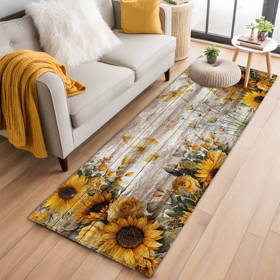 Runner Rugs 2x6 Ft, Farmhouse Sunflower Non Slip Area Rugs for Kitchen Bedroom Entryway, Vintage Daisy Butterflies Rustic Wood Washable Carpet Runner Rug Floor Mats for Bedroom Home Decor