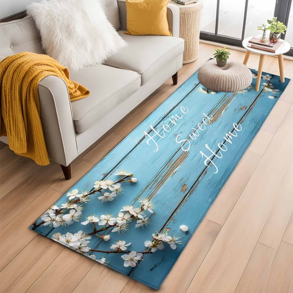 Runner Rugs 2x6 Ft, Farmhouse Wooden Grain Non Slip Area Rugs for Kitchen Bedroom Entryway, Vintage Shabby Chic Flower Blue Washable Carpet Runner Rug Floor Mats for Bedroom Home Decor