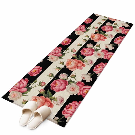 Runner Rugs 2x6 Ft, Flower Stripes Non Slip Area Rugs for Kitchen Bedroom Entryway, Black White Geometric Pink Rose Floral Washable Carpet Runner Rug Floor Mats for Bedroom Home Decor