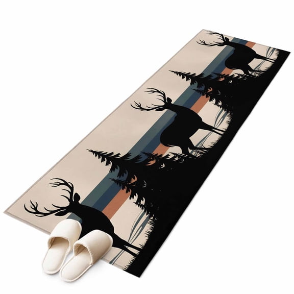 Runner Rugs 2x6 Ft, Forest Elk Non Slip Area Rugs for Kitchen Bedroom Entryway, Animal Antlers Silhouette Tree Stripes Washable Carpet Runner Rug Floor Mats for Bedroom Home Decor