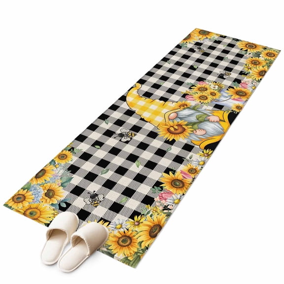Runner Rugs 2x6 Ft, Gnomes Plaid Non Slip Area Rugs for Kitchen Bedroom Entryway, Yellow Sunflower Farmhouse Bee Black Check Washable Carpet Runner Rug Floor Mats for Bedroom Home Decor
