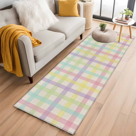 Runner Rugs 2x6 Ft, Green Beige Plaid Non Slip Area Rugs for Kitchen Bedroom Entryway, Farmhouse Art Checkered Rustic Washable Carpet Runner Rug Floor Mats for Bedroom Home Decor