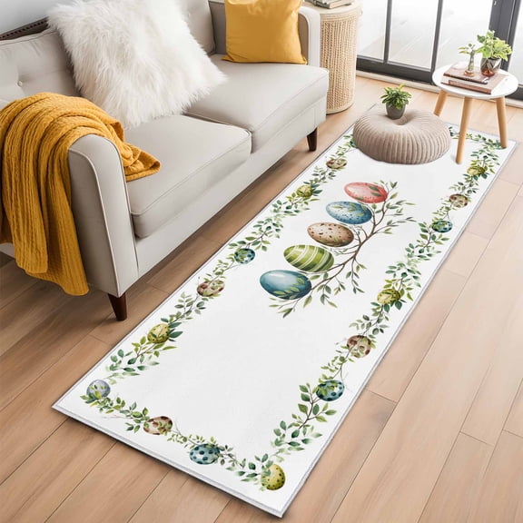Runner Rugs 2x6 Ft, Green Eggs Easter Non Slip Area Rugs for Kitchen Bedroom Entryway, Leaves Elegant Pastoral Botanical Washable Carpet Runner Rug Floor Mats for Bedroom Home Decor