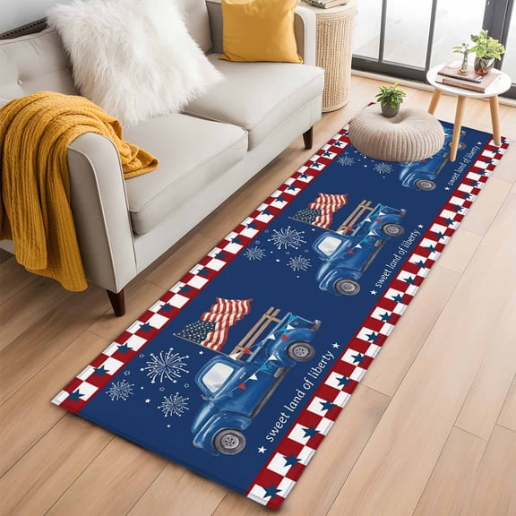 Runner Rugs 2x6 Ft, Independence Day Non Slip Area Rugs for Kitchen Bedroom Entryway, Blue Truck Star Usa Flag Red White Plaid Washable Carpet Runner Rug Floor Mats for Bedroom Home Decor