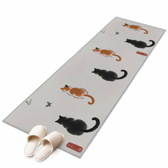 Runner Rugs 2x6 Ft, Japanese Cute Cat Non Slip Area Rugs for Kitchen Bedroom Entryway, Harmony Cartoon Kitty Butterfly Washable Carpet Runner Rug Floor Mats for Bedroom Home Decor