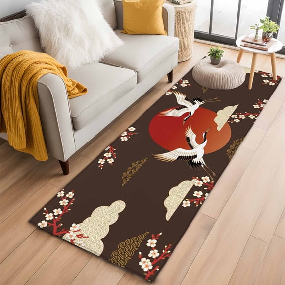 Runner Rugs 2x6 Ft, Japanese Style Non Slip Area Rugs for Kitchen Bedroom Entryway, Modern Cranes Cherry Flower Wave Brown Washable Carpet Runner Rug Floor Mats for Bedroom Home Decor