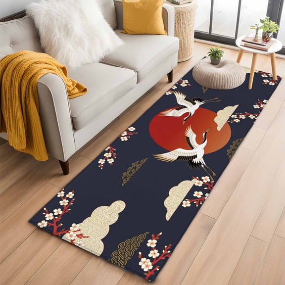 Runner Rugs 2x6 Ft, Japanese Style Non Slip Area Rugs for Kitchen Bedroom Entryway, Modern Cranes Cherry Flower Wave Red Blue Washable Carpet Runner Rug Floor Mats for Bedroom Home Decor