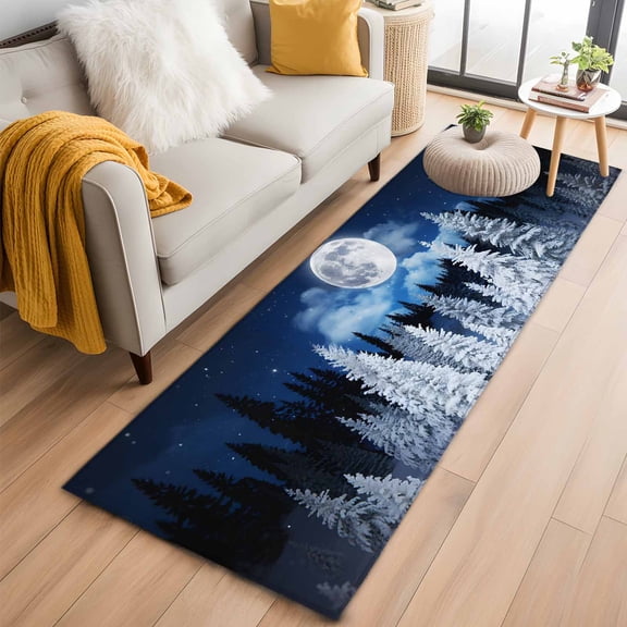 Runner Rugs 2x6 Ft, Moonlight Landscapes Non Slip Area Rugs for Kitchen Bedroom Entryway, Winter Christmas Trees Forest Washable Carpet Runner Rug Floor Mats for Bedroom Home Decor