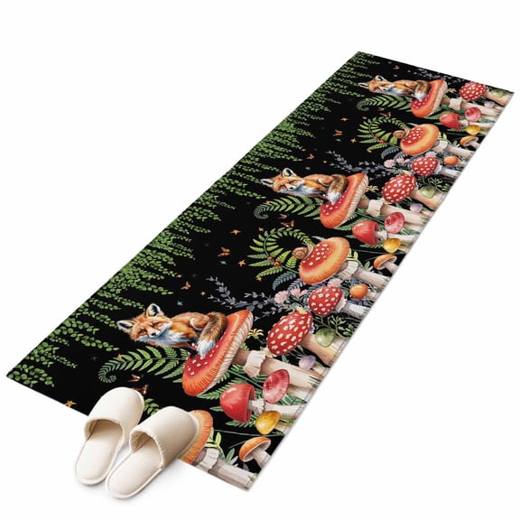 Runner Rugs 2x6 Ft, Mushroom Non Slip Area Rugs for Kitchen Bedroom Entryway, Fox Botanical Leaf Green Black Butterfly Washable Carpet Runner Rug Floor Mats for Bedroom Home Decor