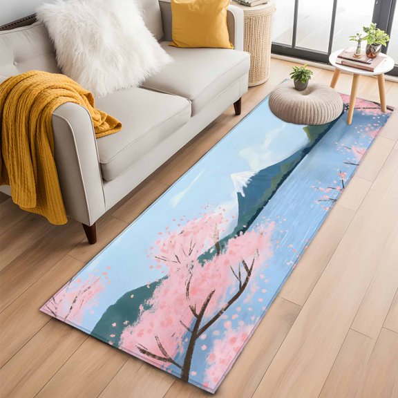 Runner Rugs 2x6 Ft, Nature Mountain Non Slip Area Rugs for Kitchen Bedroom Entryway, Spring Blossoms Cherry Flowers Scenery Washable Carpet Runner Rug Floor Mats for Bedroom Home Decor