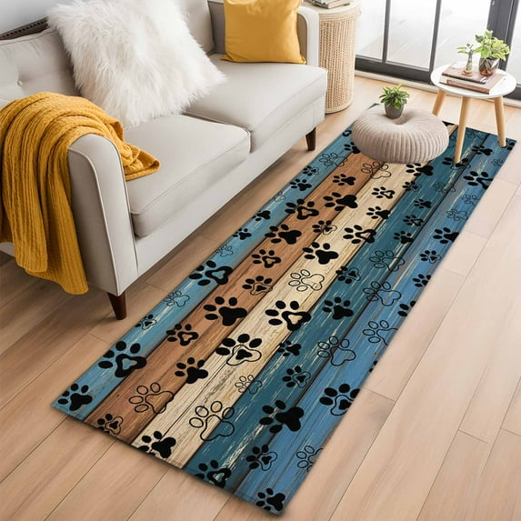 Runner Rugs 2x6 Ft, Navy Blue Brown Non Slip Area Rugs for Kitchen Bedroom Entryway, Farmhouse Dog Paws Vintage Wooden Washable Carpet Runner Rug Floor Mats for Bedroom Home Decor