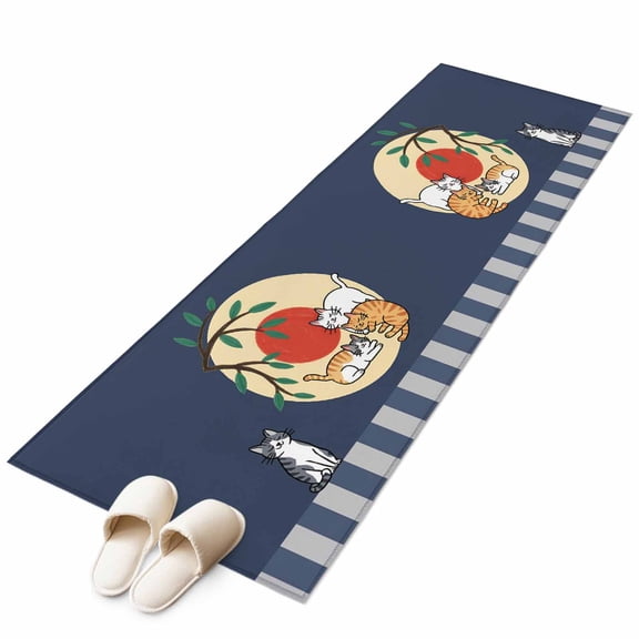 Runner Rugs 2x6 Ft, Navy Blue Cat Cartoon Non Slip Area Rugs for Kitchen Bedroom Entryway, Summer Botanical Sun Modern Art Washable Carpet Runner Rug Floor Mats for Bedroom Home Decor