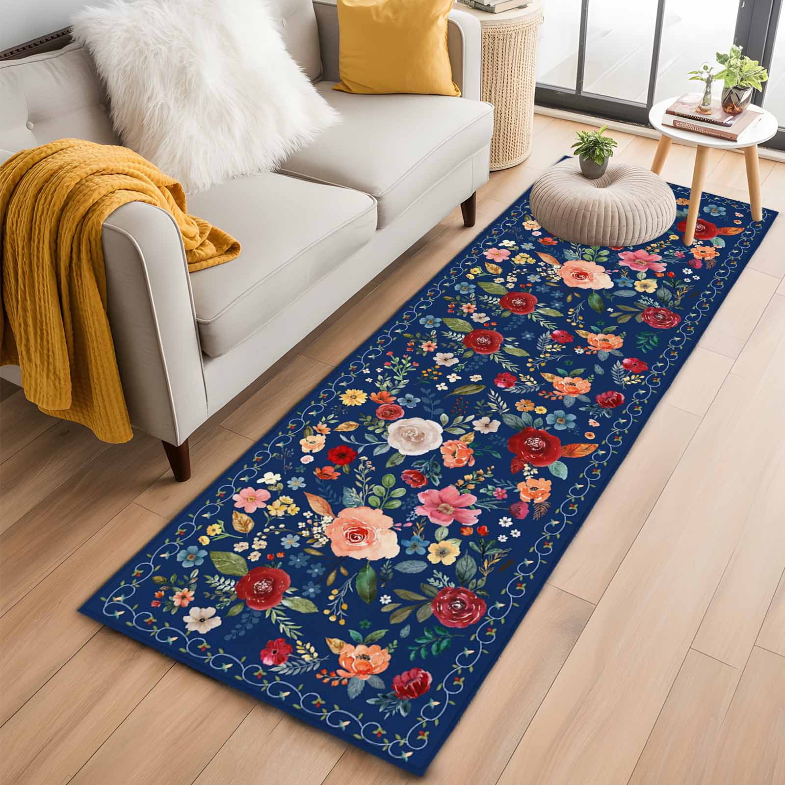 Runner Rugs 2x6 Ft, Navy Blue Flowers Non Slip Area Rugs for Kitchen Bedroom Entryway, Spring Vintage Floral Leaves Farmhouse Washable Carpet Runner Rug Floor Mats for Bedroom Home Decor