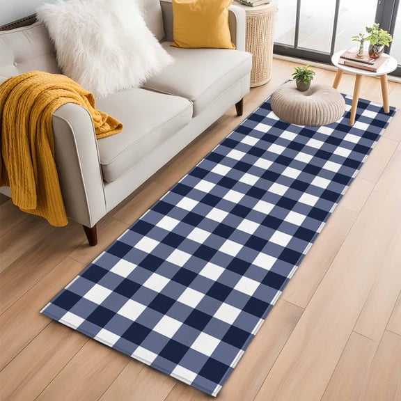 Runner Rugs 2x6 Ft, Navy Blue Plaid Non Slip Area Rugs for Kitchen Bedroom Entryway, White Checkered Farmhouse Buffalo Washable Carpet Runner Rug Floor Mats for Bedroom Home Decor