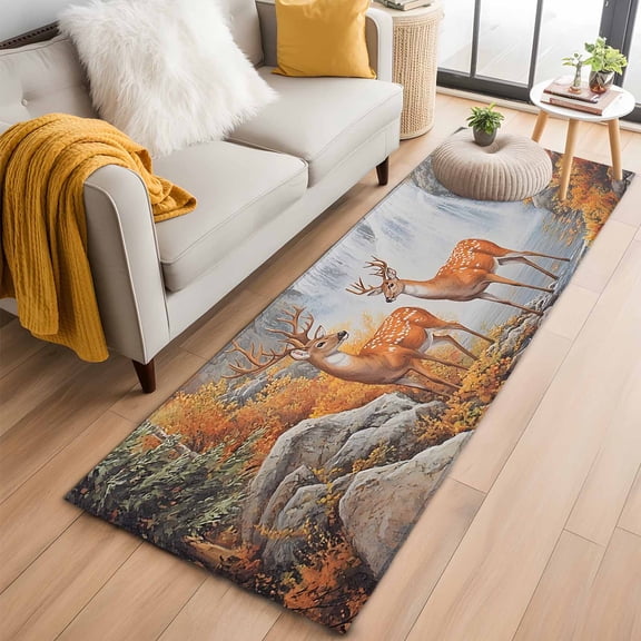 Runner Rugs 2x6 Ft, Orange Forest Elk Non Slip Area Rugs for Kitchen Bedroom Entryway, Farmhouse Deer River Washable Carpet Runner Rug Floor Mats for Bedroom Home Decor