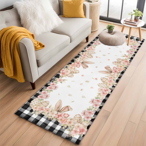 Runner Rugs 2x6 Ft, Pink Easter Non Slip Area Rugs for Kitchen Bedroom Entryway, Spring Floral Farmhouse Eggs Black Plaid Washable Carpet Runner Rug Floor Mats for Bedroom Home Decor