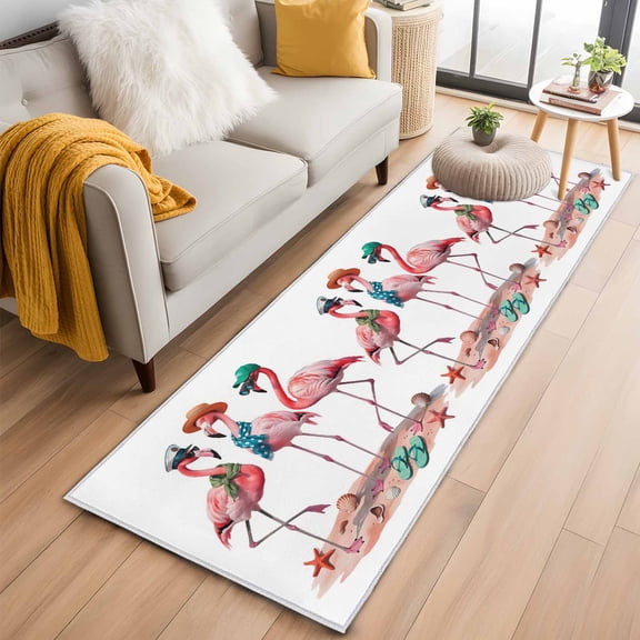 Runner Rugs 2x6 Ft, Pink Flamingo Non Slip Area Rugs for Kitchen Bedroom Entryway, Summer Coastal Ocean Nautical Sea Beach Washable Carpet Runner Rug Floor Mats for Bedroom Home Decor