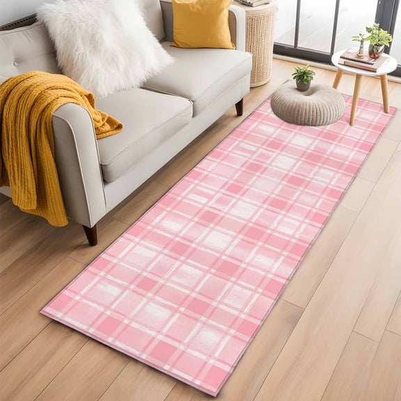 Runner Rugs 2x6 Ft, Pink Plaid Non Slip Area Rugs for Kitchen Bedroom Entryway, Modern Art Checkered Farmhouse Washable Carpet Runner Rug Floor Mats for Bedroom Home Decor
