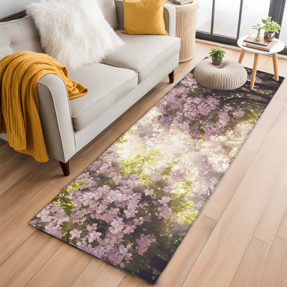 Runner Rugs 2x6 Ft, Pink Summer Floral Non Slip Area Rugs for Kitchen Bedroom Entryway, Spring Flowers Forest Washable Carpet Runner Rug Floor Mats for Bedroom Home Decor
