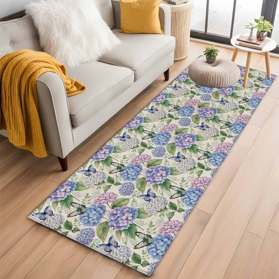 Runner Rugs 2x6 Ft, Purple Hydrangea Non Slip Area Rugs for Kitchen Bedroom Entryway, Spring Floral Elegant Pastoral Watercolor Washable Carpet Runner Rug Floor Mats for Bedroom Home Decor